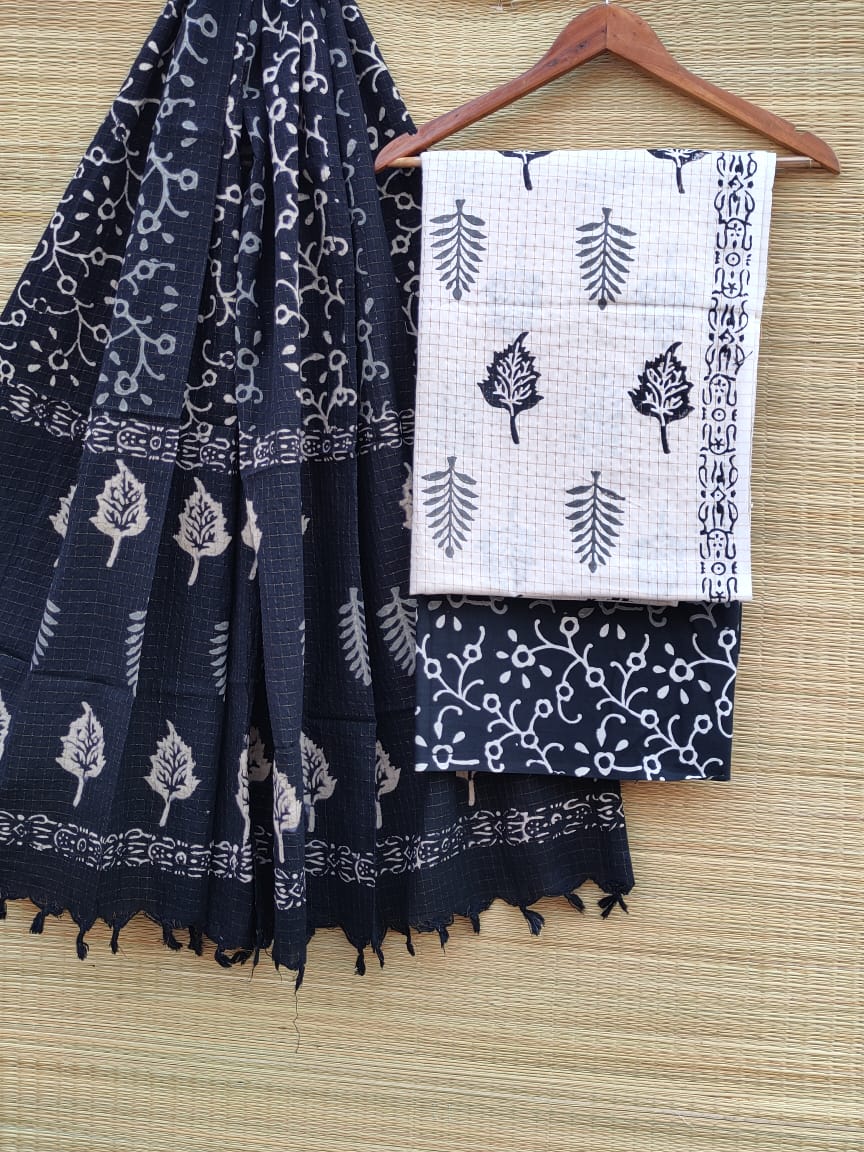 Pure Cotton Hand Block Printed Unstitched Salwar Suit Set With Cotton/Mulmul Dupatta - JBCM735
