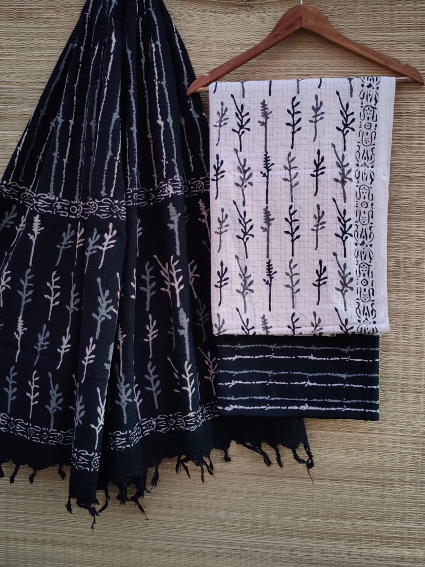 Hand Block Cotton Unstitched Salwar Suit With Cotton/Mulmul Dupatta - JBCM736