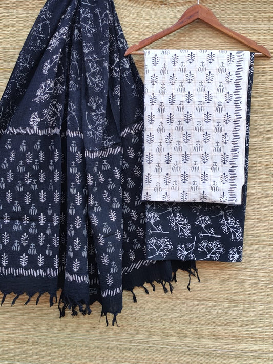 Hand Block Cotton Unstitched Salwar Suit With Cotton/Mulmul Dupatta - JBCM737