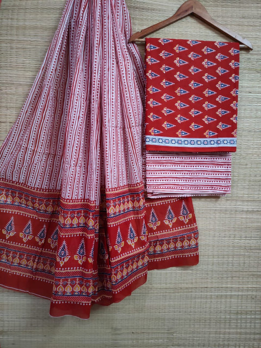 Hand Block Printed Pure Cotton Unstitched Salwar Suit Set With Cotton/Mulmul Dupatta - JBCM738