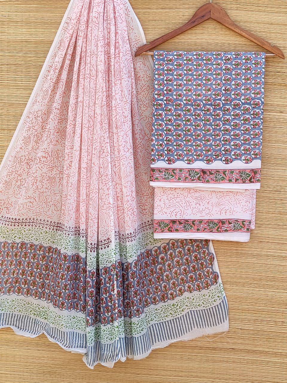 Pure Cotton Hand Block Printed Unstitched Salwar Suit Set With Cotton/Mulmul Dupatta - JBCM739