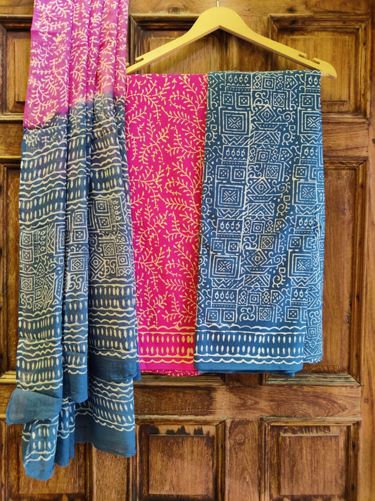 Hand Block Cotton Unstitched Salwar Suit With Cotton/Mulmul Dupatta - JBCM744