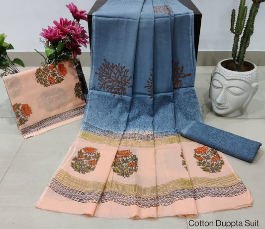 Pure Cotton Hand Block Printed Unstitched Salwar Suit Set With Cotton/Mulmul Dupatta - JBCM683