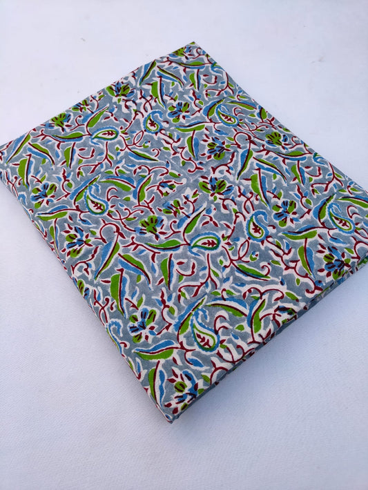 Grey Multicolor Floral Pattern Hand Block Pure Cotton Fabric - JBRS639