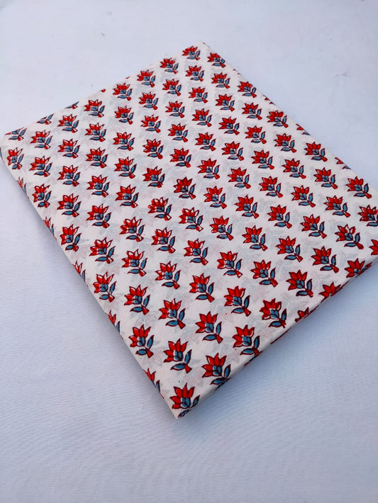 Red Floral White Base Hand Block Pure Cotton Fabric - JBRS635