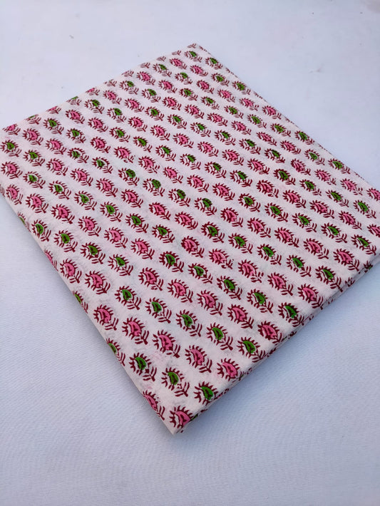 Multicolor Floral White Base Hand Block Pure Cotton Fabric - JBRS638