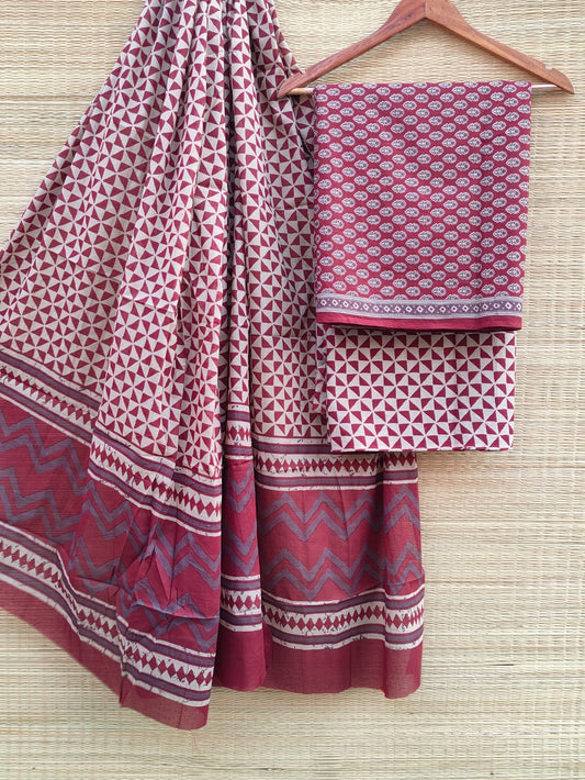 Pure Cotton Hand Block Unstitched Salwar Suit Set With Cotton/Mulmul Dupatta - JBCM755
