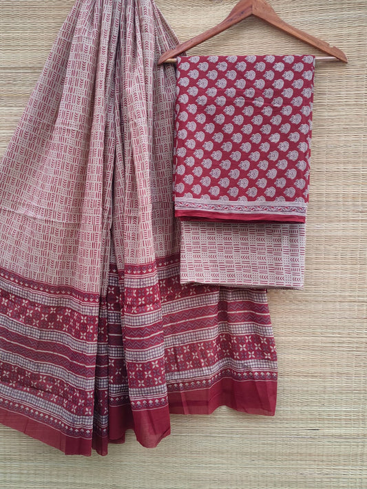 Hand Block Cotton Unstitched Salwar Suit With Cotton/Mulmul Dupatta - JBCM756