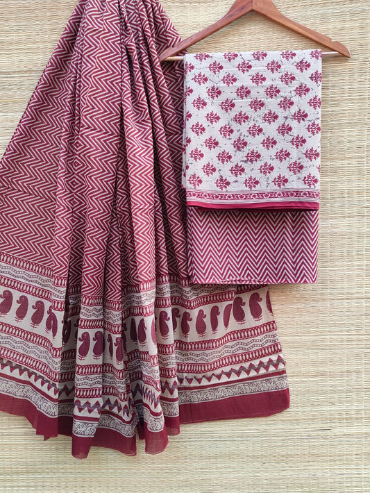 Pure Cotton Hand Block Unstitched Salwar Suit Set With Cotton/Mulmul Dupatta - JBCM757