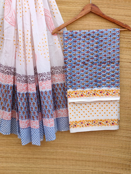 Hand Block Cotton Unstitched Salwar Suit With Cotton/Mulmul Dupatta - JBCM758
