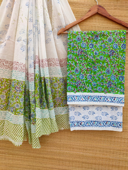 Hand Block Cotton Unstitched Salwar Suit With Cotton/Mulmul Dupatta - JBCM759