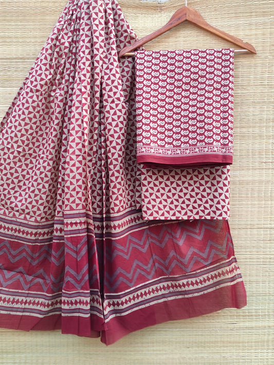 Hand Block Pure Cotton Unstitched Salwar Suit Set With Cotton/Mulmul Dupatta - JBCM760