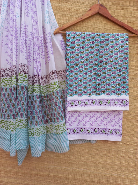 Pure Cotton Hand Block Unstitched Salwar Suit Set With Cotton/Mulmul Dupatta - JBCM761
