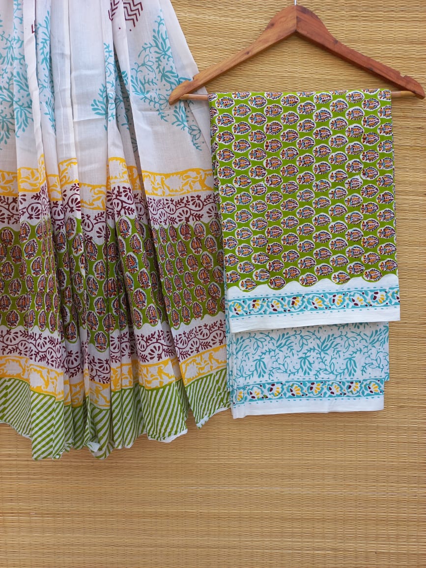 Hand Block Cotton Unstitched Salwar Suit With Cotton/Mulmul Dupatta - JBCM762