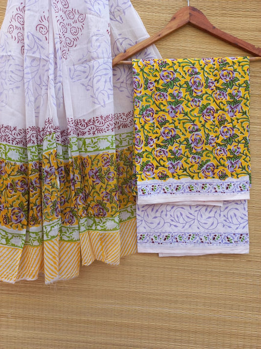 Hand Block Cotton Unstitched Salwar Suit With Cotton/Mulmul Dupatta - JBCM746