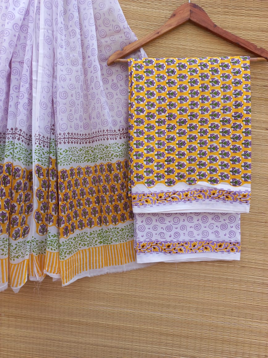 Hand Block Cotton Unstitched Salwar Suit With Cotton/Mulmul Dupatta - JBCM764