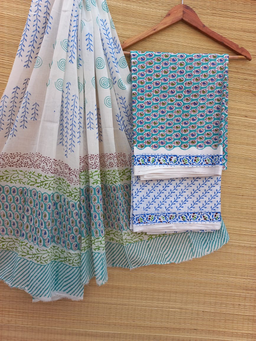 Hand Block Pure Cotton Unstitched Salwar Suit Set With Cotton/Mulmul Dupatta - JBCM766