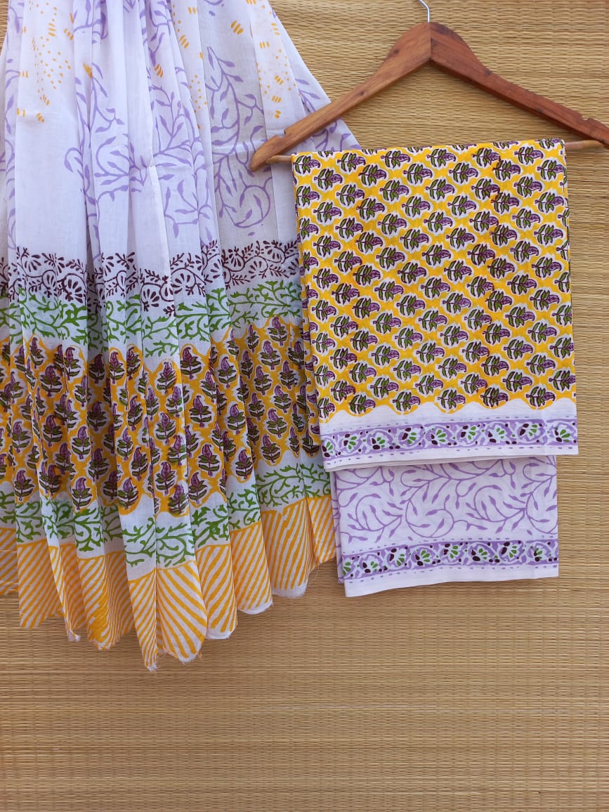 Pure Cotton Hand Block Unstitched Salwar Suit Set With Cotton/Mulmul Dupatta - JBCM767