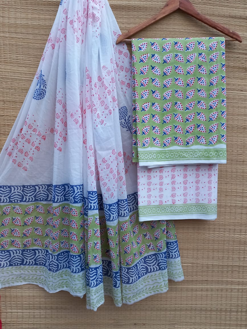 Hand Block Cotton Unstitched Salwar Suit With Cotton/Mulmul Dupatta - JBCM768