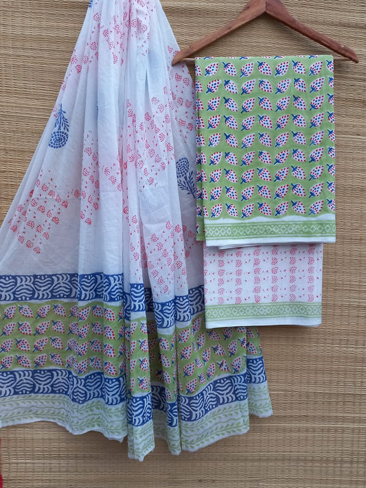 Hand Block Cotton Unstitched Salwar Suit With Cotton/Mulmul Dupatta - JBCM768