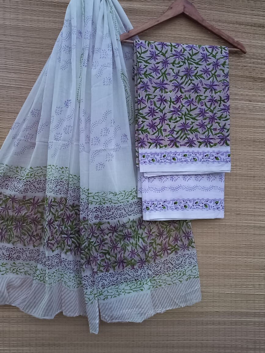Pure Cotton Hand Block Unstitched Salwar Suit Set With Cotton/Mulmul Dupatta - JBCM769
