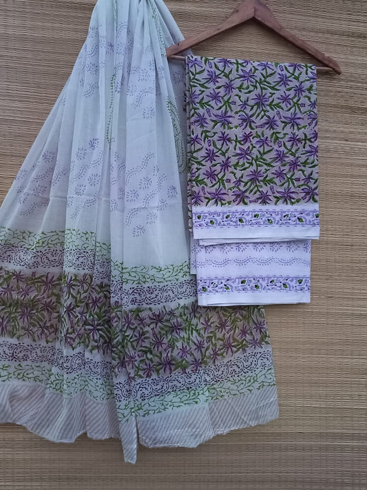 Pure Cotton Hand Block Unstitched Salwar Suit Set With Cotton/Mulmul Dupatta - JBCM769