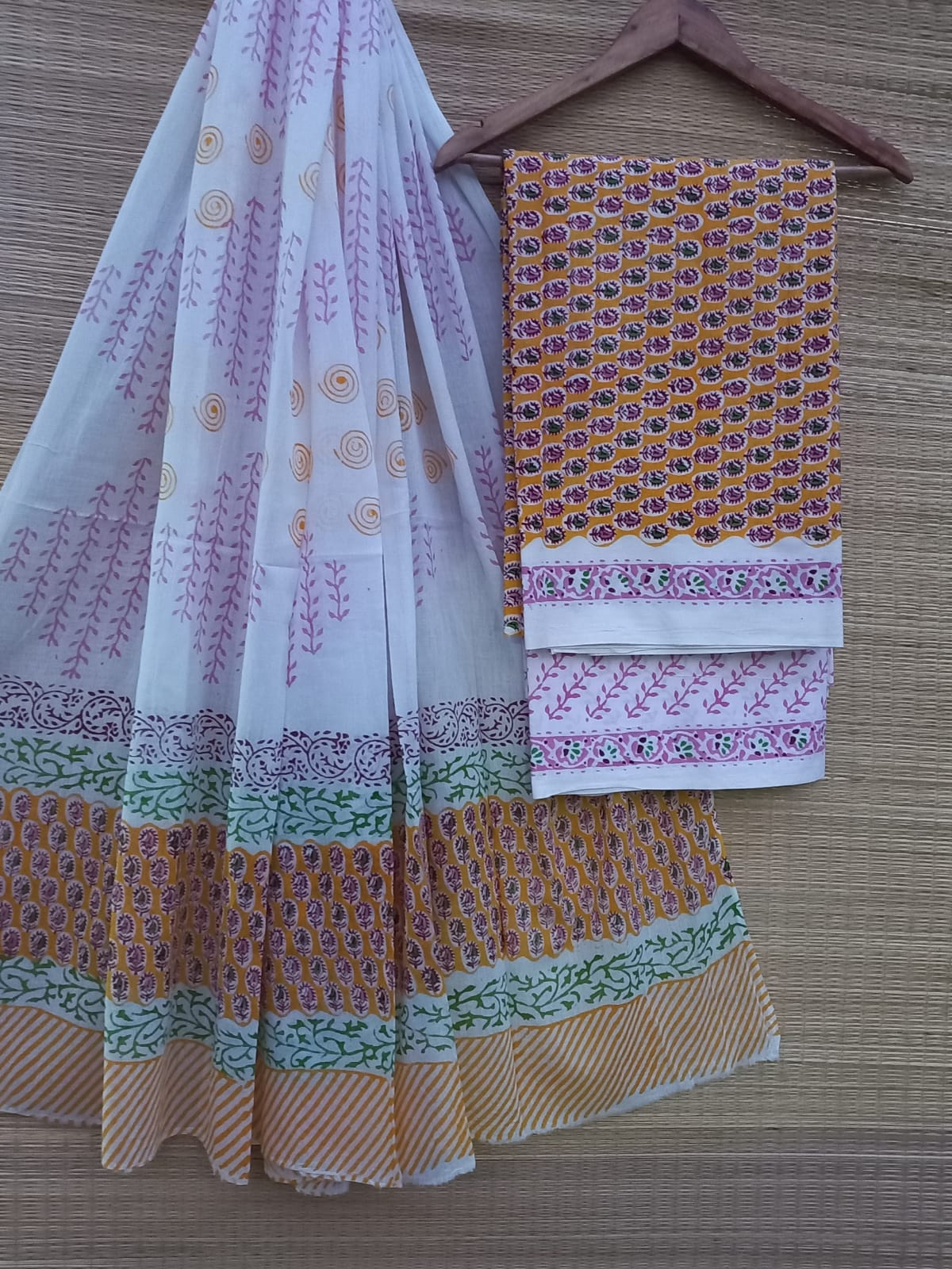 Hand Block Cotton Unstitched Salwar Suit With Cotton/Mulmul Dupatta - JBCM770