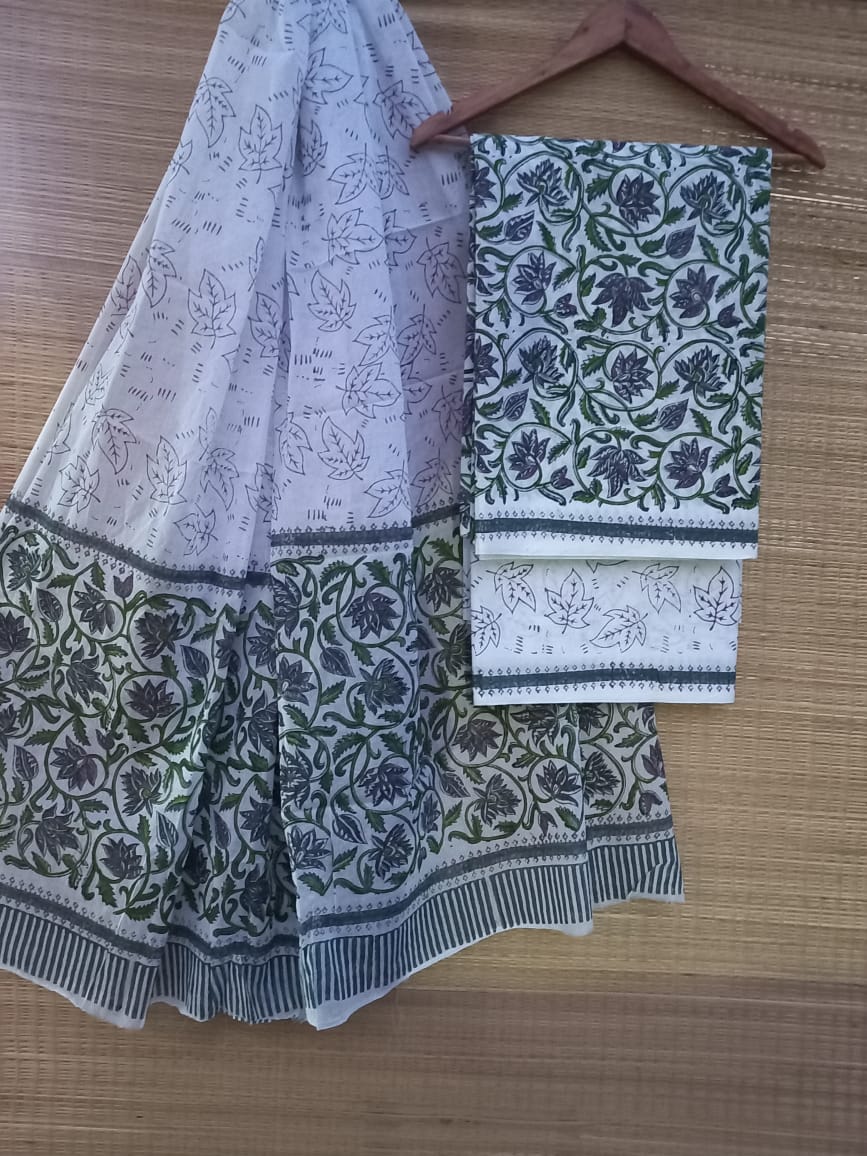 Hand Block Cotton Unstitched Salwar Suit With Cotton/Mulmul Dupatta - JBCM771