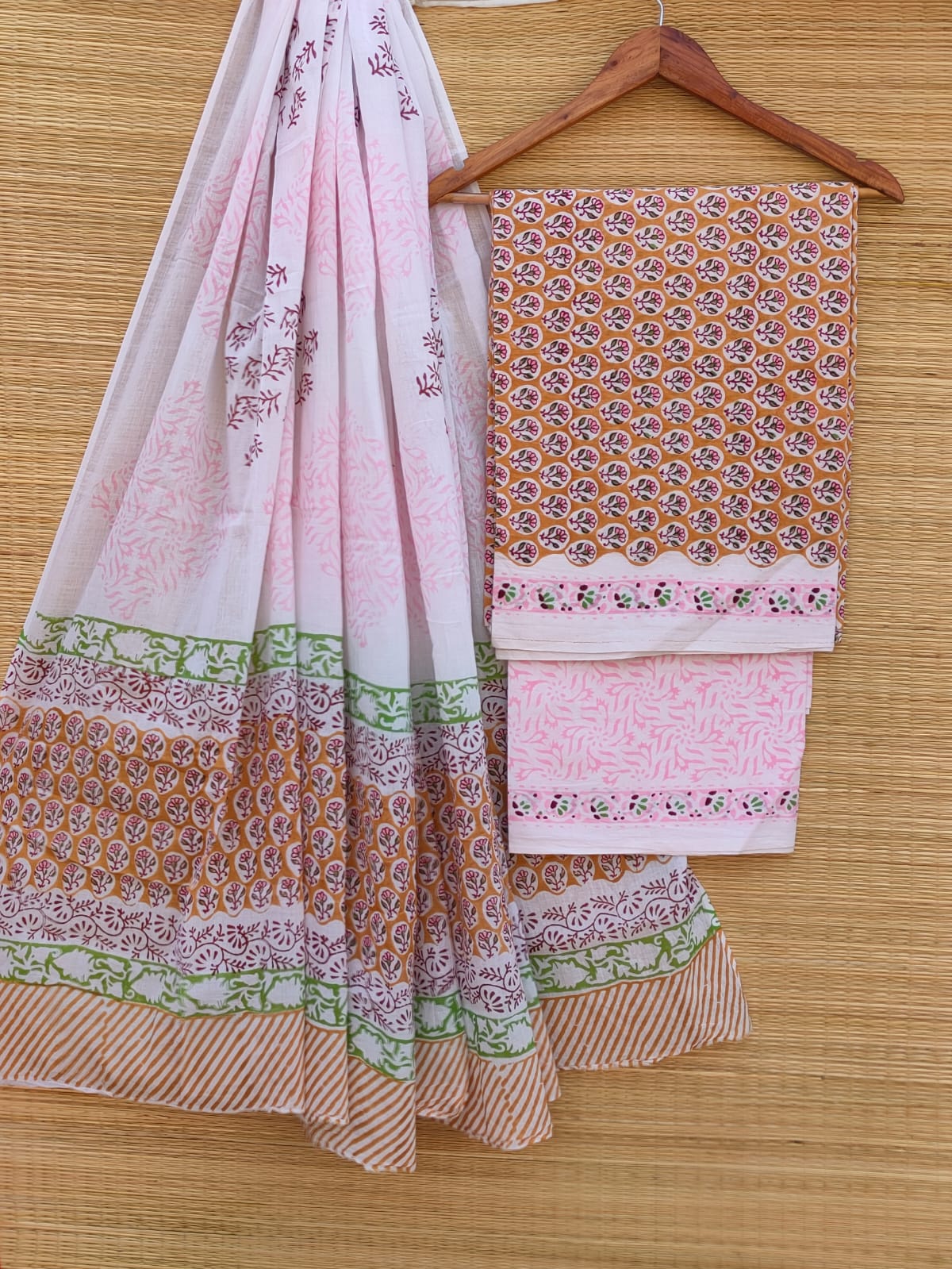 Hand Block Cotton Unstitched Salwar Suit With Cotton/Mulmul Dupatta - JBCM747