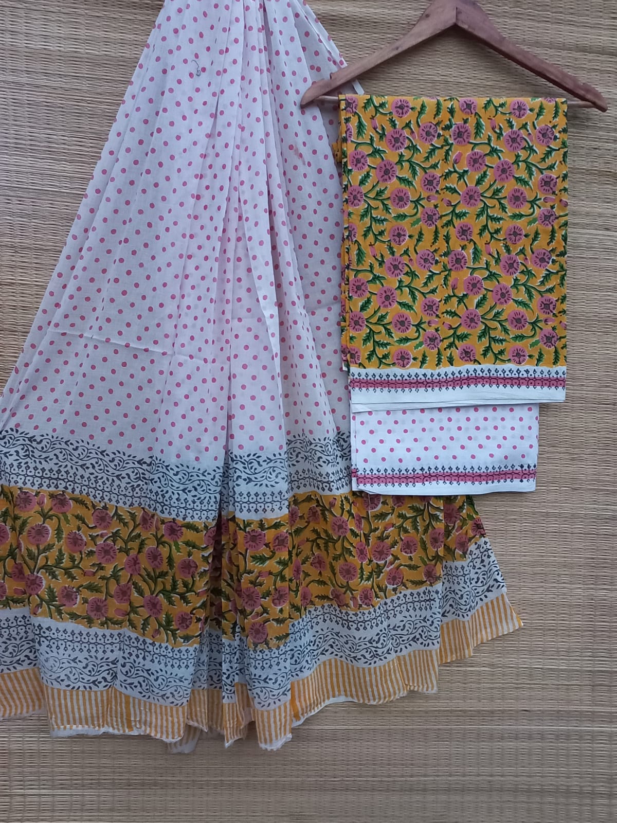 Hand Block Cotton Unstitched Salwar Suit With Cotton/Mulmul Dupatta - JBCM774