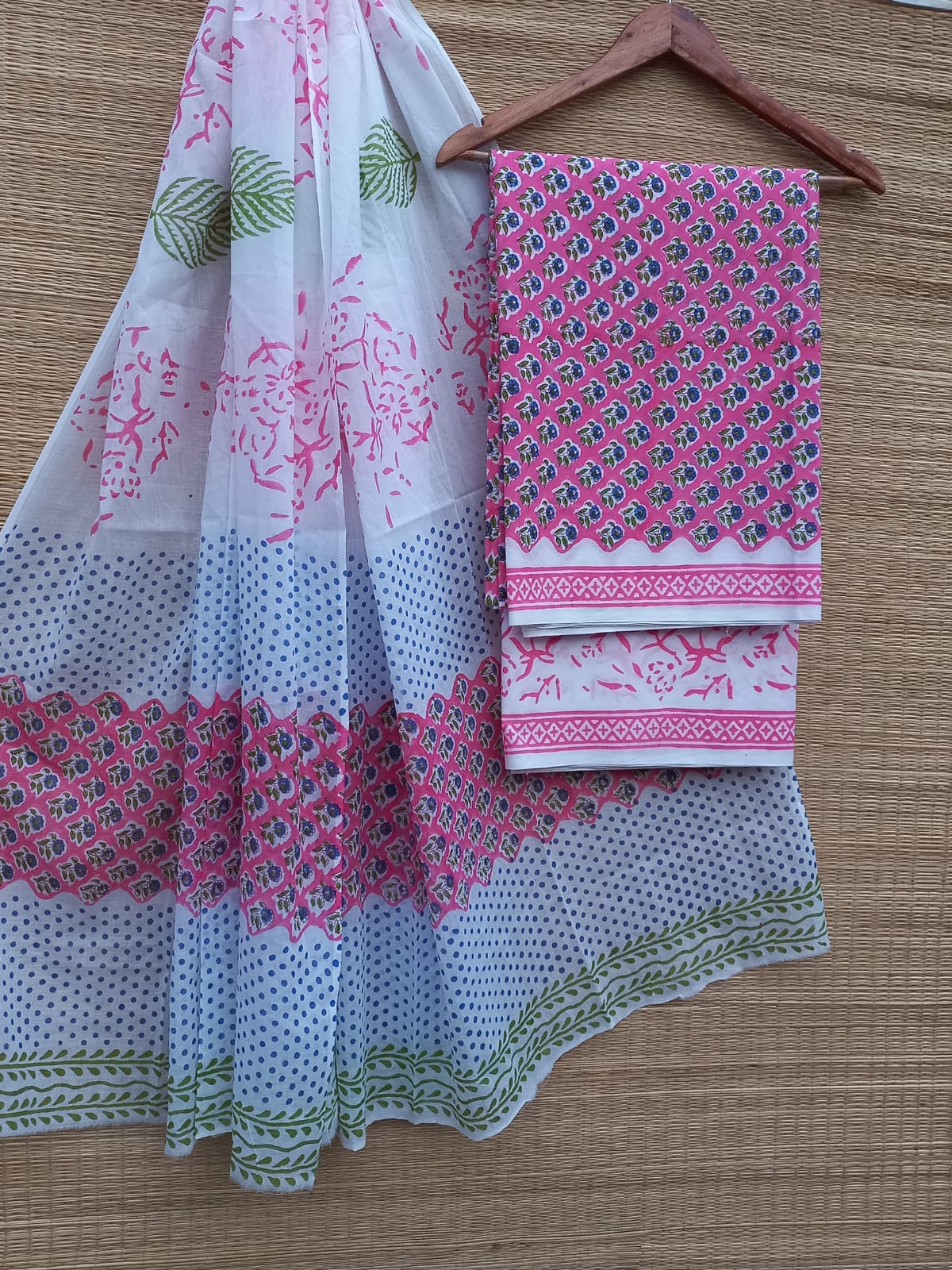 Pure Cotton Hand Block Unstitched Salwar Suit Set With Cotton/Mulmul Dupatta - JBCM775