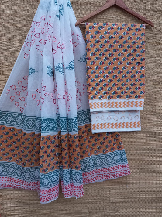 Hand Block Cotton Unstitched Salwar Suit With Cotton/Mulmul Dupatta - JBCM776