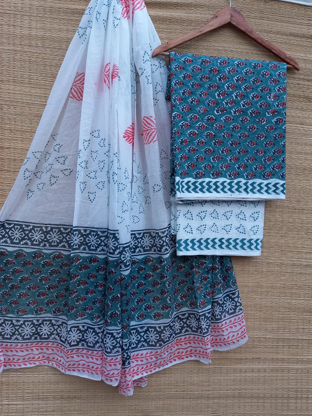 Hand Block Cotton Unstitched Salwar Suit With Cotton/Mulmul Dupatta - JBCM777