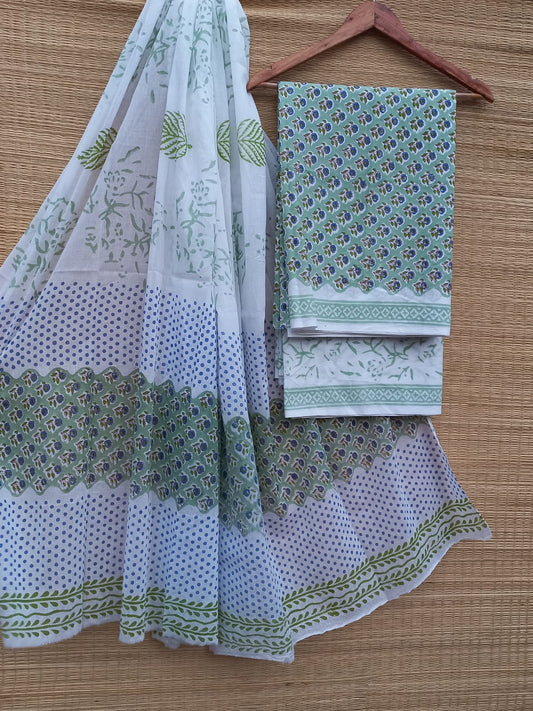 Hand Block Pure Cotton Unstitched Salwar Suit Set With Cotton/Mulmul Dupatta - JBCM778