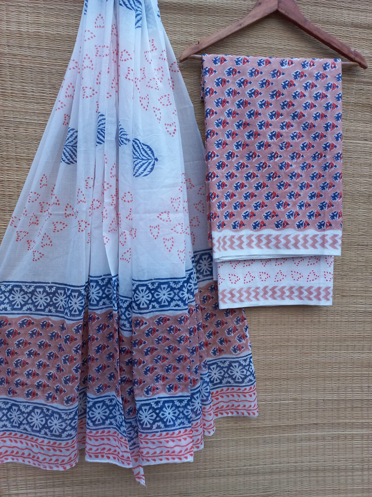 Pure Cotton Hand Block Unstitched Salwar Suit Set With Cotton/Mulmul Dupatta - JBCM779