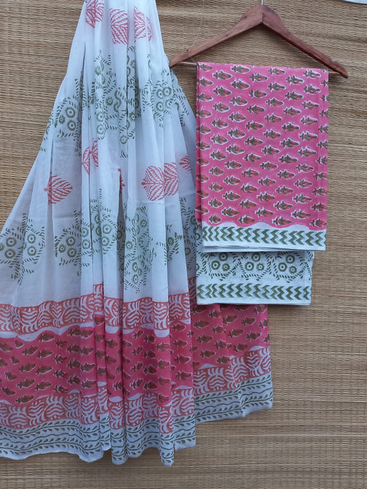 Hand Block Cotton Unstitched Salwar Suit With Cotton/Mulmul Dupatta - JBCM780