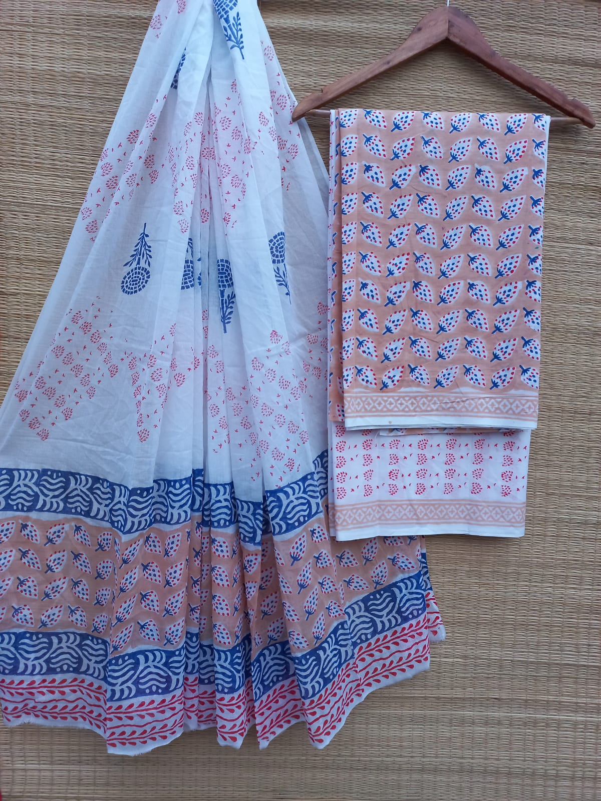 Pure Cotton Hand Block Unstitched Salwar Suit Set With Cotton/Mulmul Dupatta - JBCM781