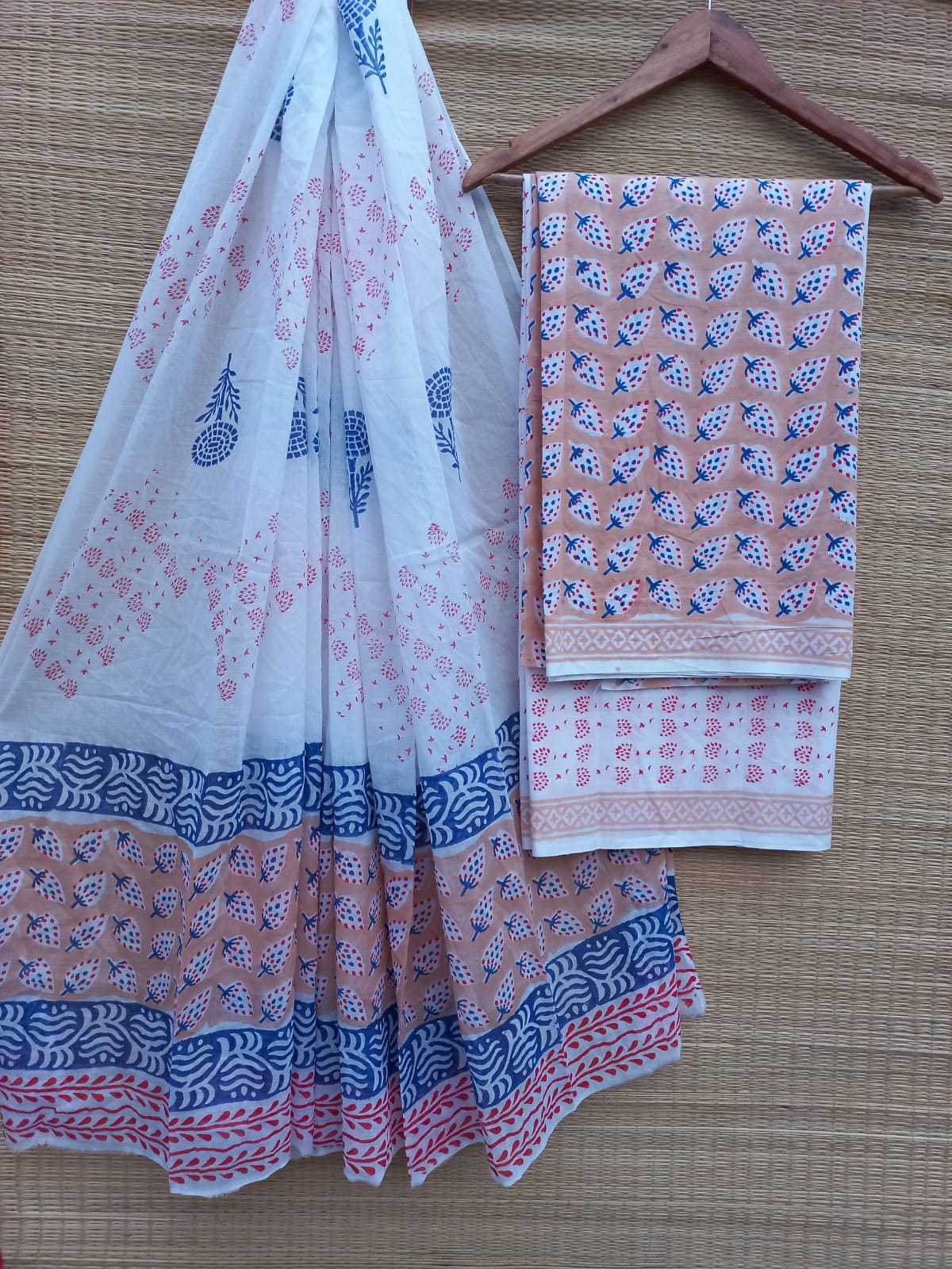 Pure Cotton Hand Block Unstitched Salwar Suit Set With Cotton/Mulmul Dupatta - JBCM781