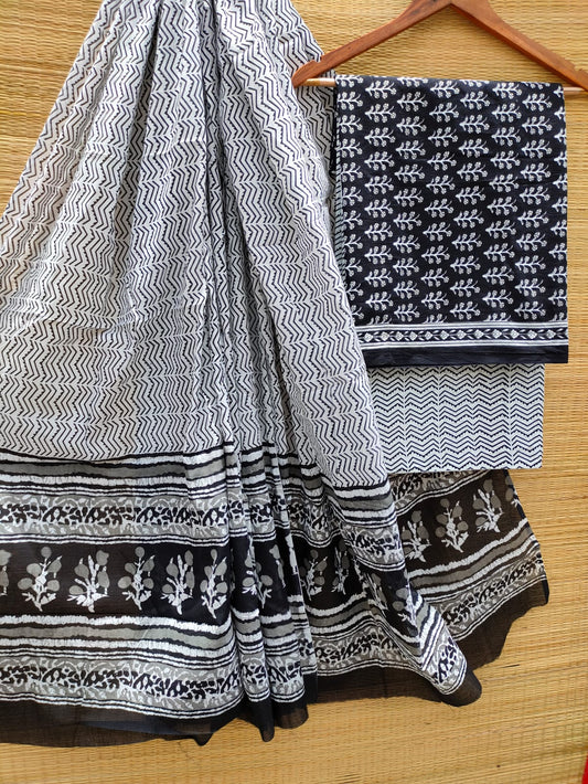 Hand Block Cotton Unstitched Salwar Suit With Cotton/Mulmul Dupatta - JBCM786