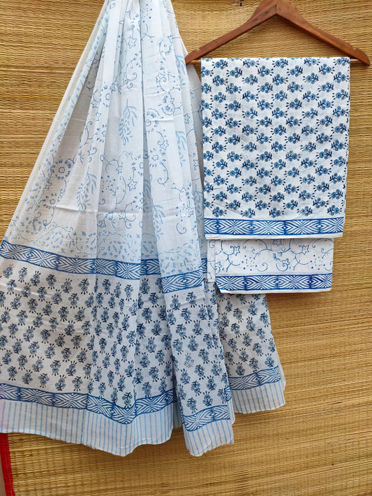 Pure Cotton Hand Block Unstitched Salwar Suit Set With Cotton/Mulmul Dupatta - JBCM787