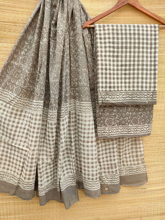 Pure Cotton Hand Block Unstitched Salwar Suit Set With Cotton/Mulmul Dupatta - JBCM793