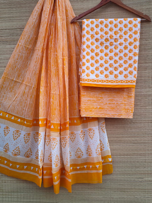 Pure Cotton Hand Block Unstitched Salwar Suit Set With Cotton/Mulmul Dupatta - JBCM749