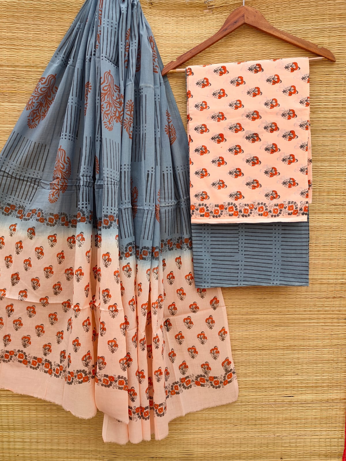 Hand Block Cotton Unstitched Salwar Suit With Cotton/Mulmul Dupatta - JBCM794