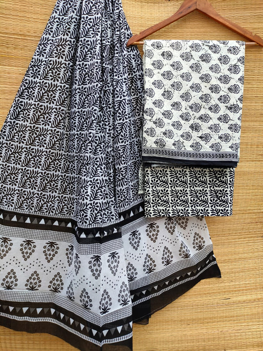 Hand Block Cotton Unstitched Salwar Suit With Cotton/Mulmul Dupatta - JBCM795