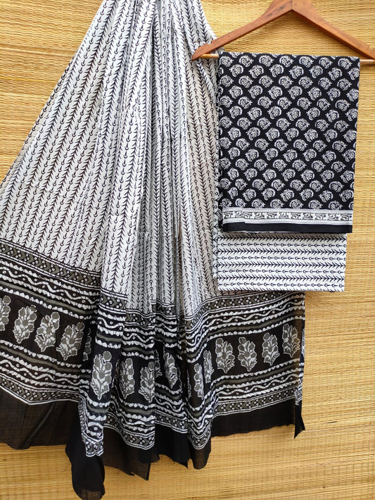 Pure Cotton Hand Block Unstitched Salwar Suit Set With Cotton/Mulmul Dupatta - JBCM797