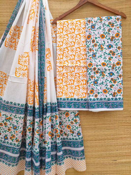 Hand Block Cotton Unstitched Salwar Suit With Cotton/Mulmul Dupatta - JBCM801