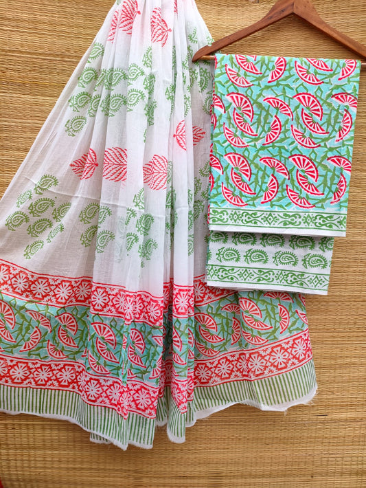 Hand Block Pure Cotton Unstitched Salwar Suit Set With Cotton/Mulmul Dupatta - JBCM802