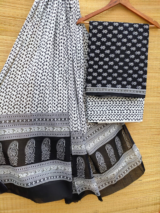 Pure Cotton Hand Block Unstitched Salwar Suit Set With Cotton/Mulmul Dupatta - JBCM803