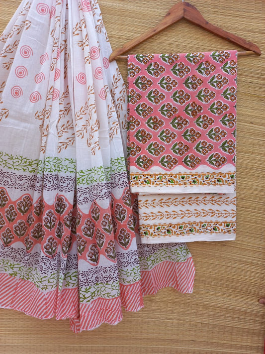 Hand Block Cotton Unstitched Salwar Suit With Cotton/Mulmul Dupatta - JBCM813