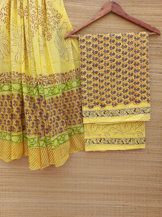 Hand Block Pure Cotton Unstitched Salwar Suit Set With Cotton/Mulmul Dupatta - JBCM814